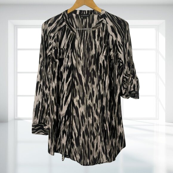 Rock & Republic Edgy Rocker Zipper Tunic Shirt M Black White Abstract Print High - Picture 5 of 13